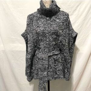 525 America Cable Knit Belted Poncho Cowl Neck Sweater Charcoal L/XL
